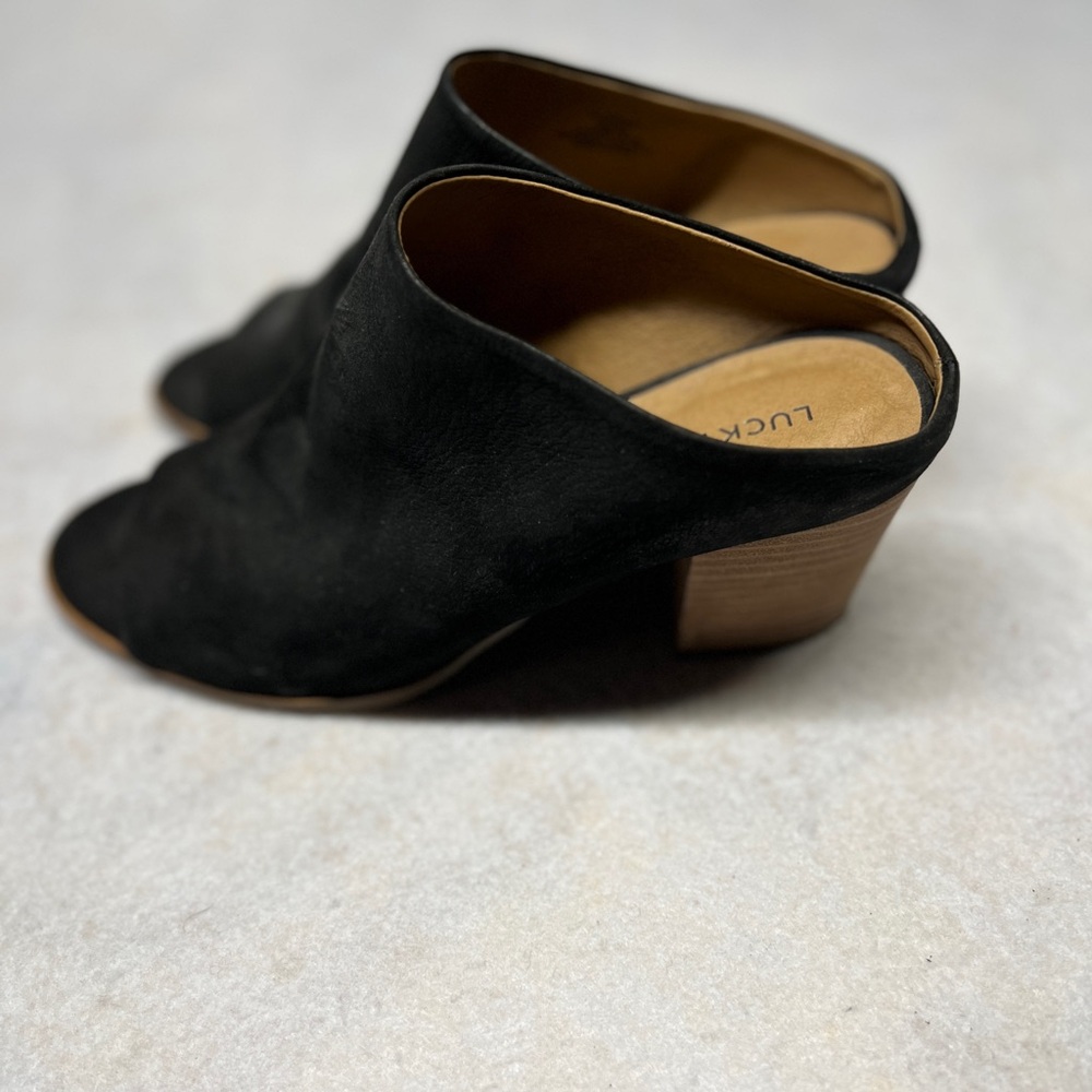 Lucky Brand Women’s 9M Black‎ Organza Peep Toe Nubuck Leather Block Heeled Mules